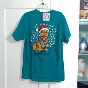 Puppielove Teal T-Shirt with Snowy Christmas Dog  L NWT